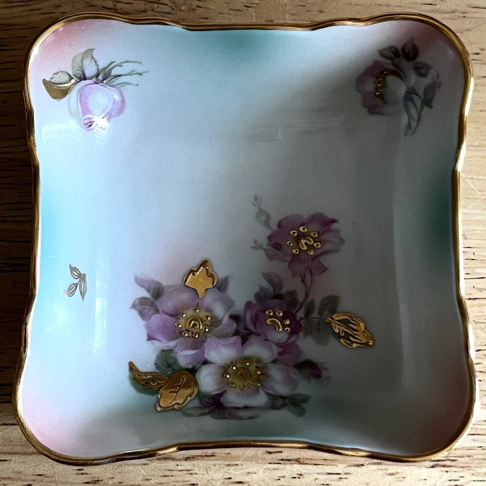 Vintage Schumann Bavaria Square Nut Dish Raised Gold Paint Accents Wild Rose